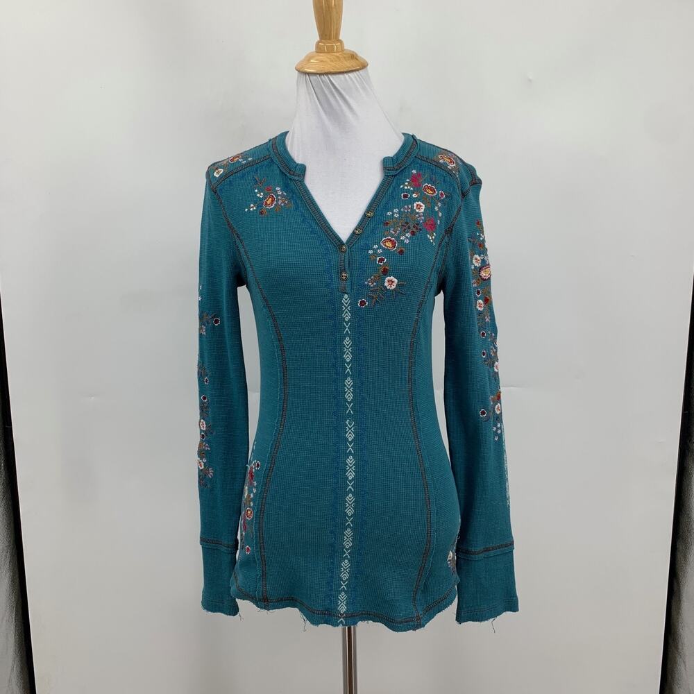 Sundance Top Womens XS Everglade Fayette Floral Henley Embroidered Long Sleeve - Picture 2 of 11
